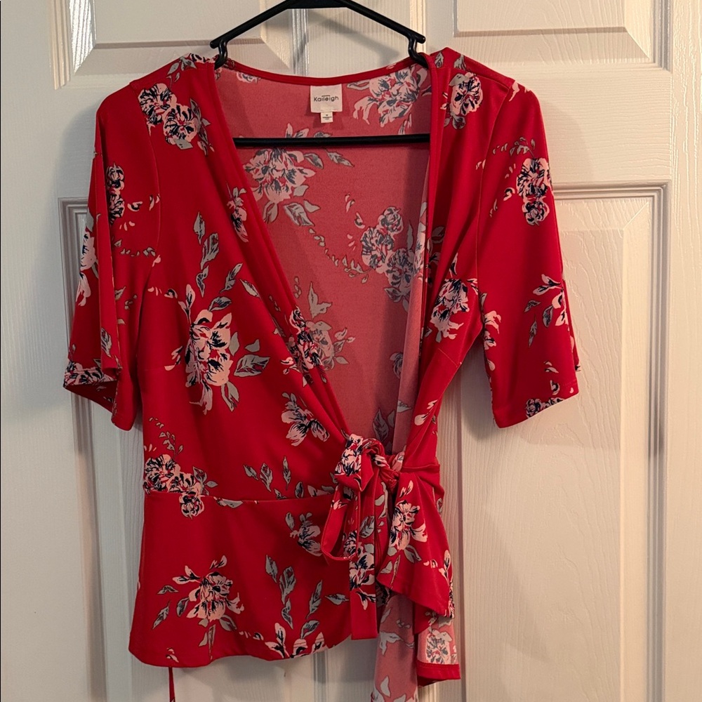 Lush Red Floral Wrap Blouse